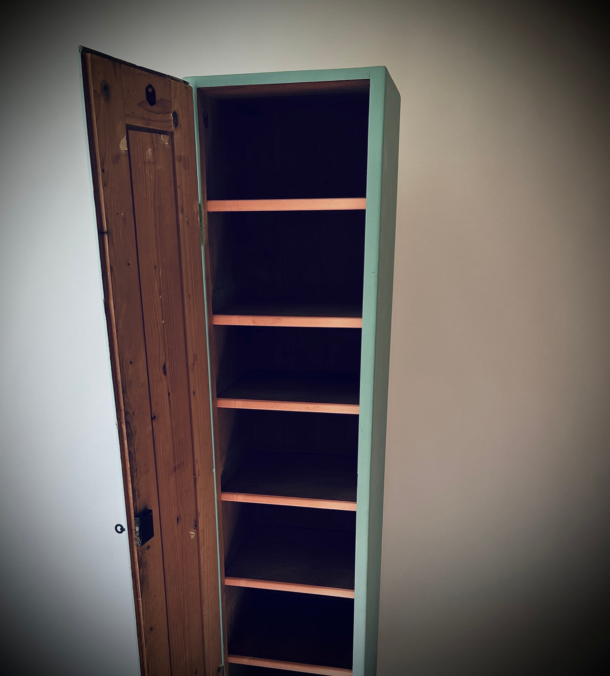 Geöffneter Schrank S-chanf mit sichtbarem Holzinneren und mehreren Tablaren mit lachsfarbenen Vorderkanten.